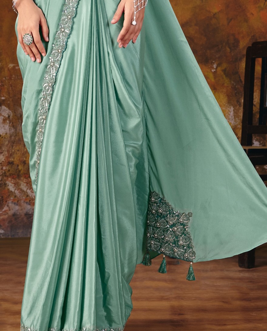 27110 - Sea Green Embroidered Wedding Party Designer Saree